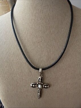 Silpada 925 Cross Pendant Necklace with Pearl Accent on Leather 925 ClaspCord